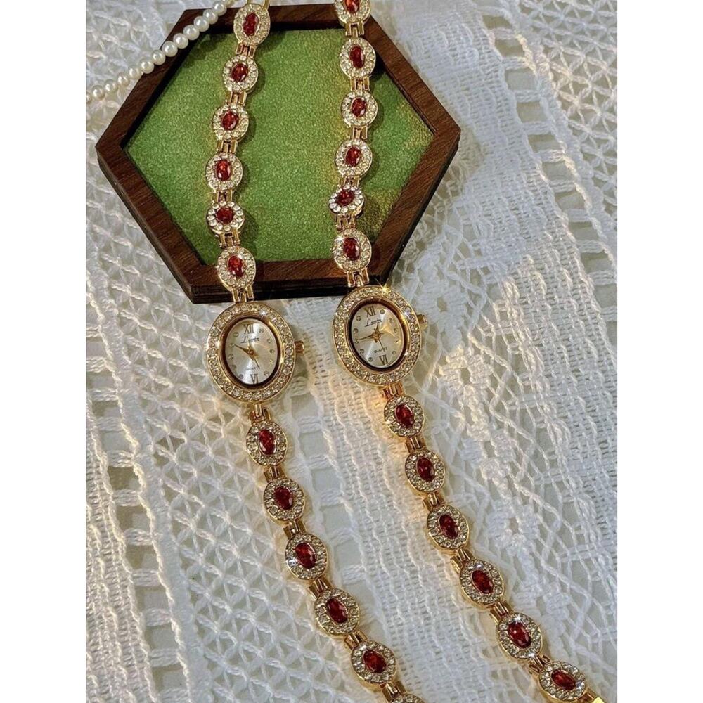 Women's Vintage Gold Red Crystal Oval Watch | Elegant Luxury Dress Jewelry Gift